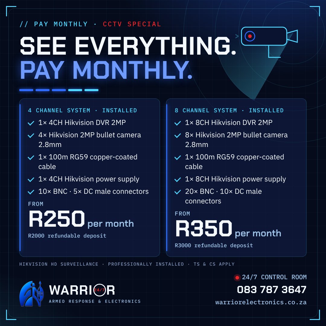 Pay monthly CCTV special: 4 channel from R250 per month, 8 channel from R350 per month