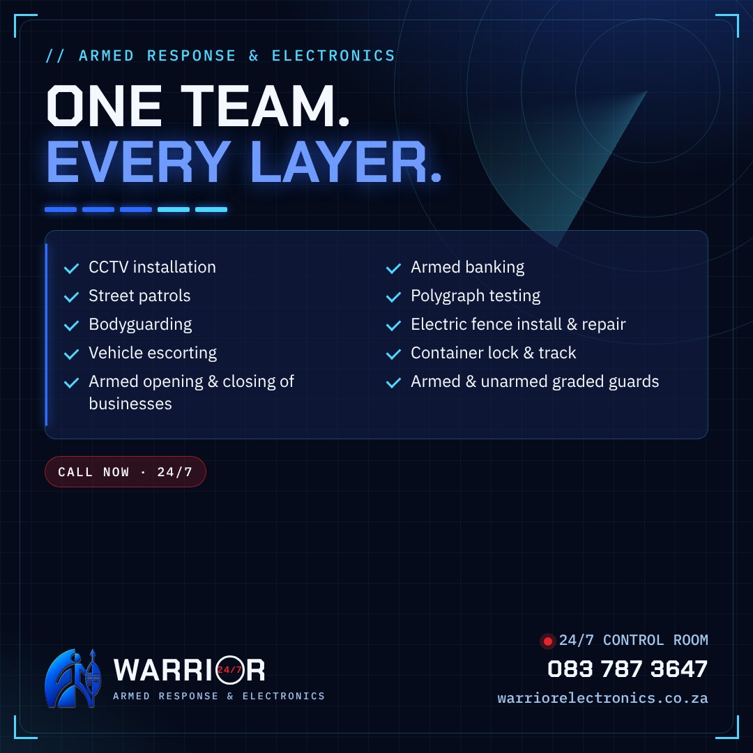 Warrior services: CCTV, street patrols, bodyguarding, vehicle escorting, armed banking, polygraph testing, electric fencing, container lock and track, graded guards